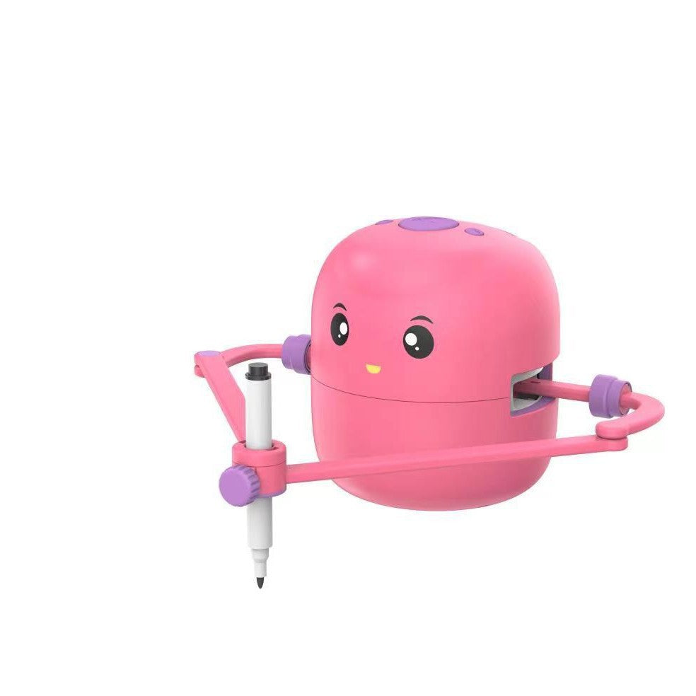 Toyfetti’s ArtBot – Interactive Drawing Robot for Kids is a pink, robot-like companion with adjustable arms. It helps children draw circles or arcs precisely and supports step-by-step creative learning on a plain white background.