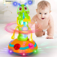 A smiling baby crawls toward the Toyfetti Dancing Saxophone Caterpillar – Musical LED Toy for Toddlers, which glows with swirling lights and vibrant colors, filling the room with joy.