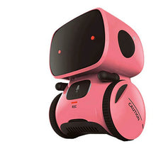 The Toyfetti Robomate | Jouw Muzikale Vriend - Slimme Robot is a compact pink robot toy with a large black screen face, two wheels, a front microphone button, and CAUTION on its side—ideal for spraakontwikkeling and interactive play.