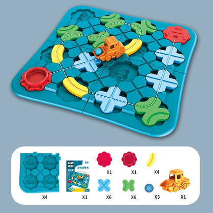 The Toyfetti Trackmaster interactieve treinspoorset bevat een blauw Montessoribord, gele auto, groene/gele banen, rode tandwielen en blauwe bal. Stimuleert creativiteit en logisch denken met handleiding inbegrepen.