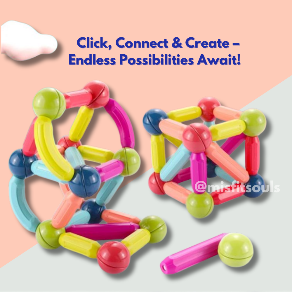 MagniBlocks™- The OG Magnetic Building Blocks by Toyfetti are arranged in geometric shapes on a pastel background. Text above reads: Click, Connect & Create – Endless Possibilities Await!.