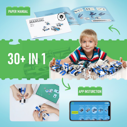 A smiling child sits at a table with Toyfettis Misfit BuildMaster 30-in-1 STEM Building Blocks Set—150+ pieces for endless creativity. The image features blue and white robot models, a paper manual, tablet instructions, and a phone app.