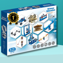 The Toyfetti Misfit Ingenio 56-in-1 STEM Building Kit features a blue and white box showing mechanical models and gears, labeled 56 in 1, 6–14, and 293 pieces—a perfect hands-on engineering toy set for kids.