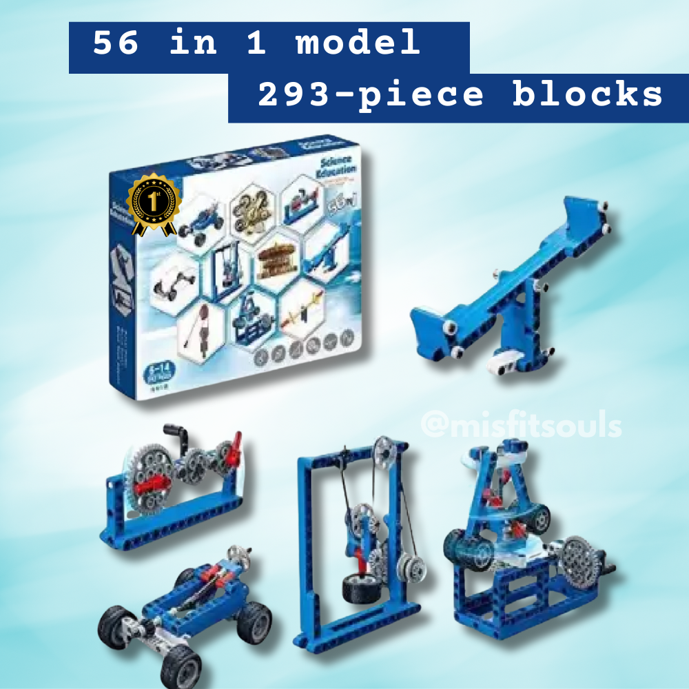 Toyfetti Misfit Ingenio 56-in-1 STEM Building Kit: 293-piece simple machines set for kids, with box and five blue assembled models (cars and mechanical structures) shown on a light blue background. Text: “56 in 1 model, 293-piece blocks.”.