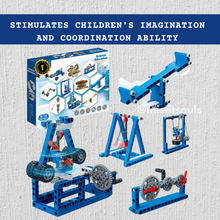 The Toyfetti Misfit Ingenio 56-in-1 STEM Building Kit, a 293-piece set for kids to build mechanical models, is shown with assembled structures and its box. Text above reads: Stimulates imagination, coordination, and hands-on learning.