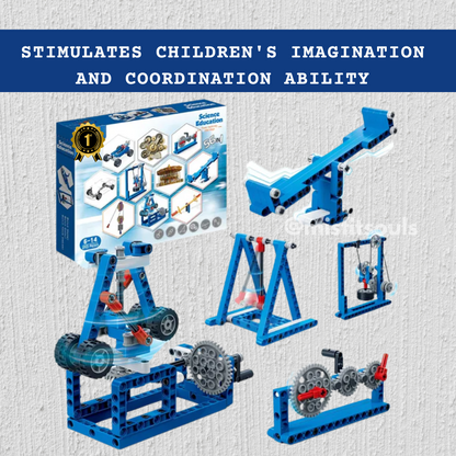 The Toyfetti Misfit Ingenio 56-in-1 STEM Building Kit, a 293-piece set for kids to build mechanical models, is shown with assembled structures and its box. Text above reads: Stimulates imagination, coordination, and hands-on learning.