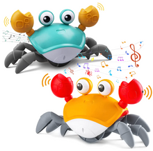 Toyfetti’s HappyCrab – Crawling Companion with Lights & Music features two playful crabs, blue and orange, with raised claws and big cartoon eyes. They move on their own and play music—perfect for tummy time fun!.