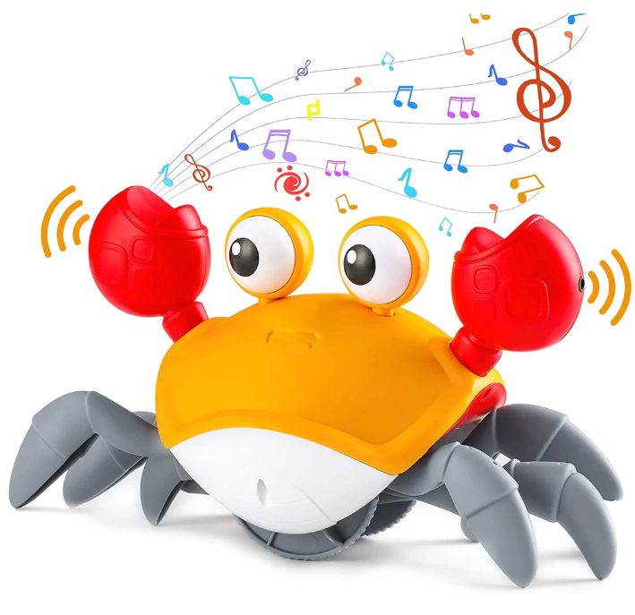 The Toyfetti HappyCrab – Crawling Companion with Lights & Music features big eyes, red claws, and gray legs, shown with music notes floating above it—making it perfect for tummy time fun.