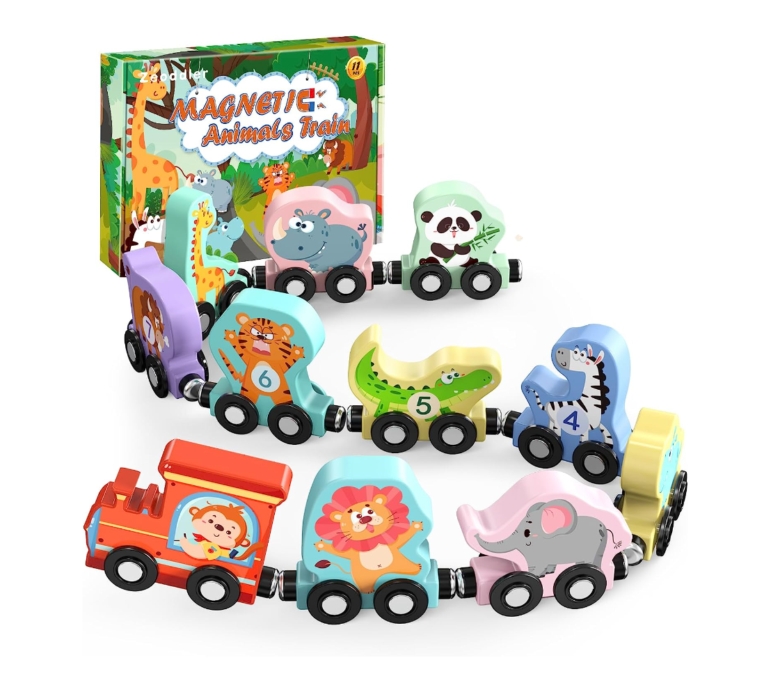 Montessori Wooden Animal Train – Magnetic Numbered Cars for Early Learning Fun!
