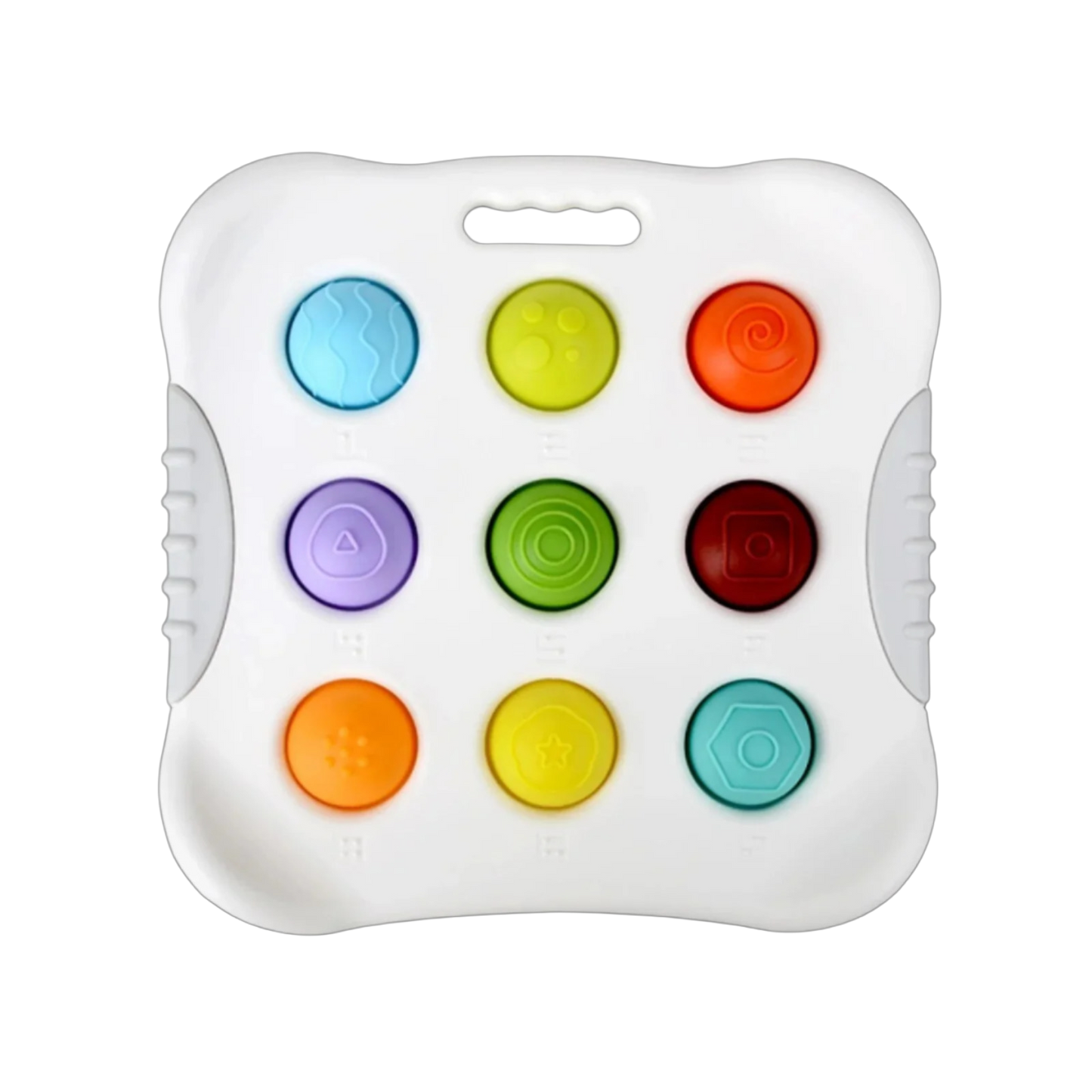 The Toyfetti Press & Learn Pop Toy is a white sensory bubble fidget with nine numbered, textured buttons in a 3x3 grid and handles on both sides for easy grip—ideal for counting and calming play.