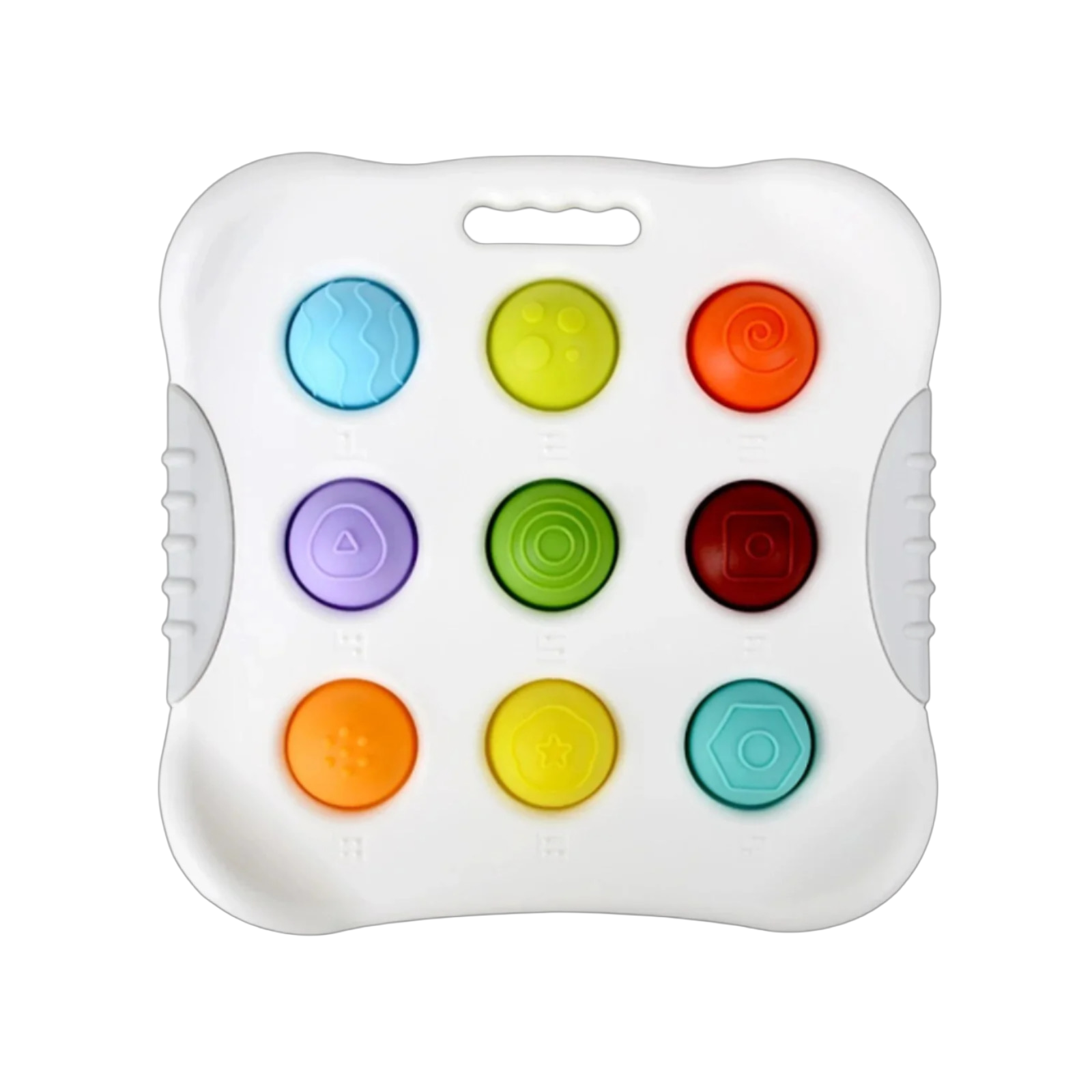 The Toyfetti Press & Learn Pop Toy is a white sensory bubble fidget with nine numbered, textured buttons in a 3x3 grid and handles on both sides for easy grip—ideal for counting and calming play.