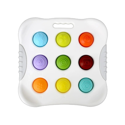 The Toyfetti Press & Learn Pop Toy is a white sensory bubble fidget with nine numbered, textured buttons in a 3x3 grid and handles on both sides for easy grip—ideal for counting and calming play.