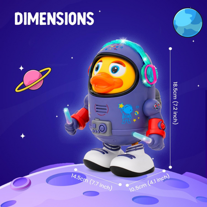 The Toyfetti DazzleDuck is a light-up musical dancing duck dressed as an astronaut, holding glowing sticks while standing on a purple planet. Dimensions: 18.5cm tall, 14.5cm wide, 10.5cm deep.
