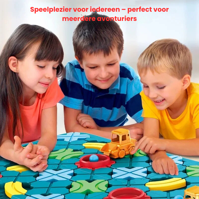 Three kids enjoy the Toyfetti Trackmaster – Stimuleer Creativiteit En Logisch Denken Interactieve Treinspoorset, playing with the bulldozer, spoorstukken, and game tokens. Tekst: “Speelplezier voor iedereen – perfect voor meerdere avonturiers.”.