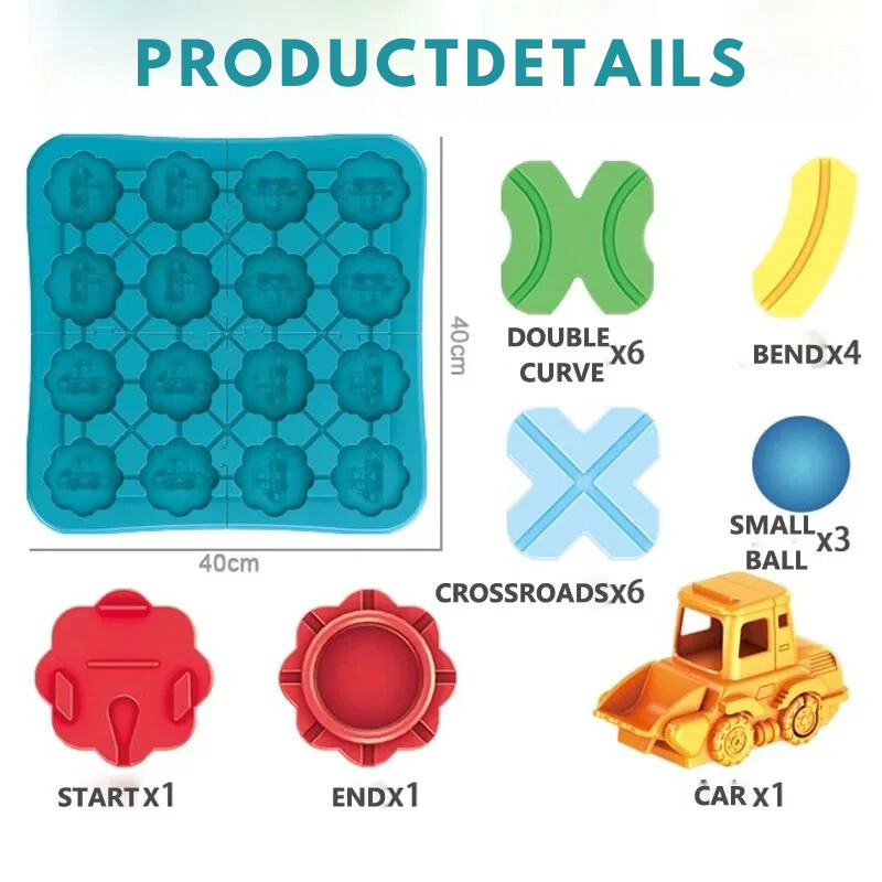 Product image of Toyfetti Trackmaster: blue tray with molds, 6 double curves, 4 bends, 6 crossroads, 3 small balls, red start/end pieces & yellow car—perfect Montessori educatief speelgoed voor creatieve en logische treinspoorset play.