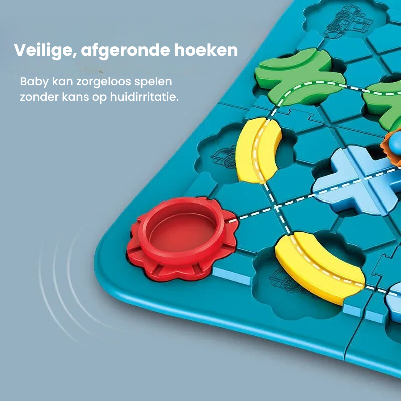 Close-up of Toyfetti Trackmaster, een kleurrijke plastic treinspoorset met afgeronde hoeken en klikbare onderdelen. Nederlandse tekst benadrukt het Montessori Educatief design voor veilig, creatief en irritatievrij spelen.