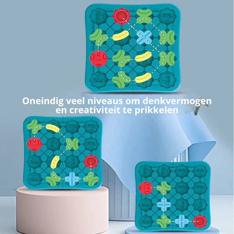 Toyfetti’s Trackmaster | Stimuleer Creativiteit En Logisch Denken is a kleurrijke, interactieve treinspoorset op blauwe platforms. De tekst in het midden zegt: “Oneindig veel niveaus om denkvermogen en creativiteit te prikkelen.”.