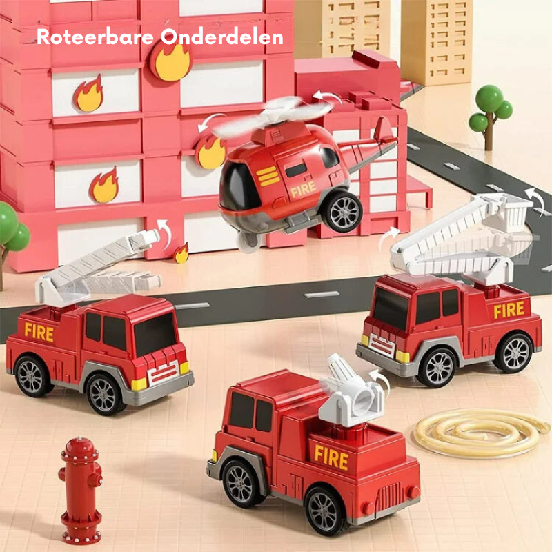 Toyfettis TruckTrail – Light-Up Vehicle Carrier with Storage is shown by a building with flame decals, surrounded by toy fire trucks and a fire helicopter. A hydrant and hose are on the street. Roteerbare Onderdelen appears at the top.