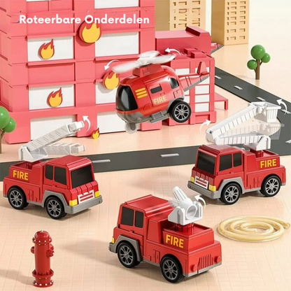 Toyfettis TruckTrail – Light-Up Vehicle Carrier with Storage is shown by a building with flame decals, surrounded by toy fire trucks and a fire helicopter. A hydrant and hose are on the street. Roteerbare Onderdelen appears at the top.