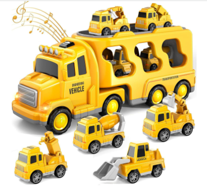 The Toyfetti TruckTrail – Light-Up Vehicle Carrier with Storage is a large yellow truck that carries smaller yellow construction vehicles—including a cement mixer, crane, bulldozer, and dump truck—with musical notes for added fun.