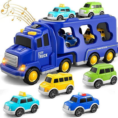 The Toyfetti TruckTrail – Light-Up Vehicle Carrier with Storage is a blue truck featuring yellow, green, and blue mini toy cars—some as taxis—arranged around its case. Musical notes suggest it may play music.