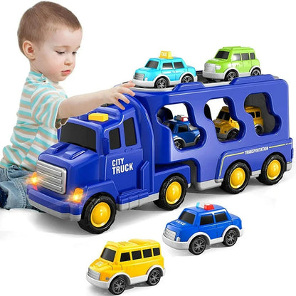 A young child happily plays with the Toyfetti TruckTrail – Light-Up Vehicle Carrier with Storage, featuring a blue carrier holding colorful toy vehicles like a green taxi, blue SUV, and yellow van.