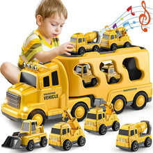 A young child plays with the Toyfetti TruckTrail – Light-Up Vehicle Carrier with Storage, matching yellow construction vehicles to slots on the large truck. Colorful musical notes hint at fun sounds from the vehicle storage case.