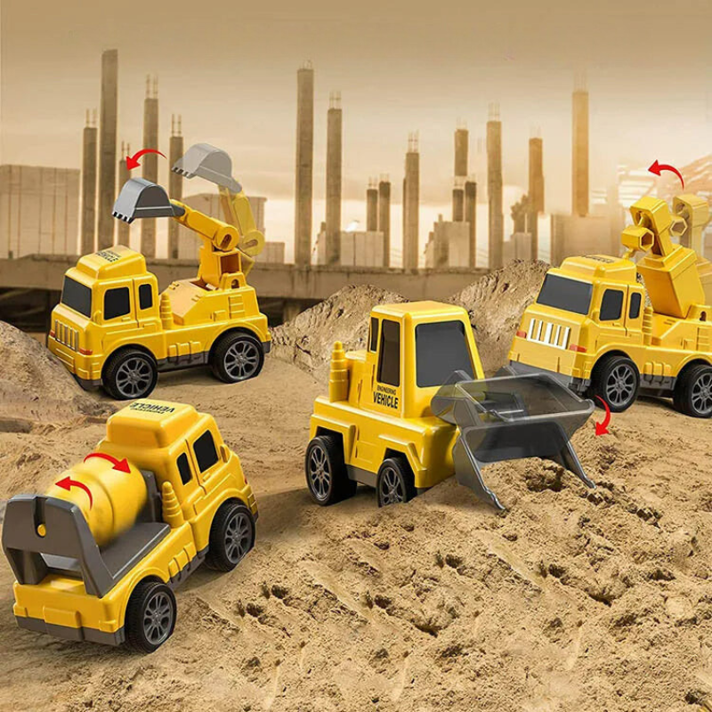 Four yellow Toyfetti construction vehicles—excavator, crane, cement mixer, and front loader—sit on sand with a construction site behind them, ideal for pairing with the TruckTrail Light-Up Vehicle Carrier with Storage.