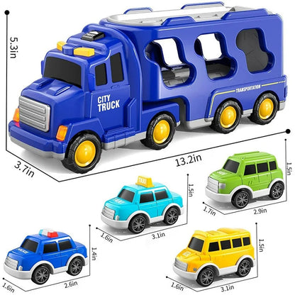 The Toyfetti TruckTrail – Light-Up Vehicle Carrier with Storage is a blue city transport truck (13.2 x 3.7 x 5.3 in) with open sides, plus four small toy cars—a taxi, police car, yellow van, and green SUV—perfect for vehicle storage fun.