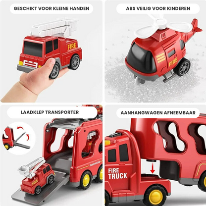 Four images show Toyfettis TruckTrail – Light-Up Vehicle Carrier with Storage: a fire truck in a child’s hand, a rescue helicopter, the carrier loading a smaller fire truck, and the fire truck with detachable trailer.