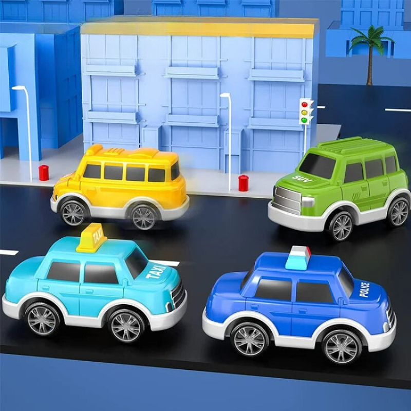 Four toy vehicles—a yellow school bus, green SUV, blue taxi, and blue police car—travel a vibrant road scene with buildings and palm trees. Ideal for the Toyfetti TruckTrail – Light-Up Vehicle Carrier with Storage.