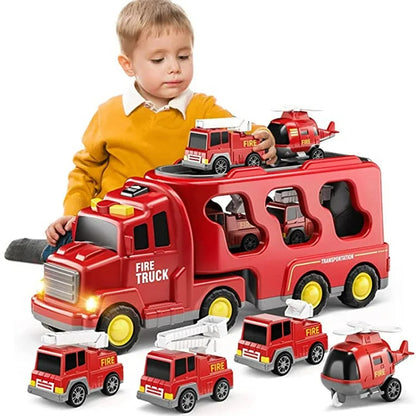 A young boy in a yellow sweater plays with the Toyfetti TruckTrail – Light-Up Vehicle Carrier with Storage, which holds and displays smaller fire trucks and a fire helicopter on a white background.