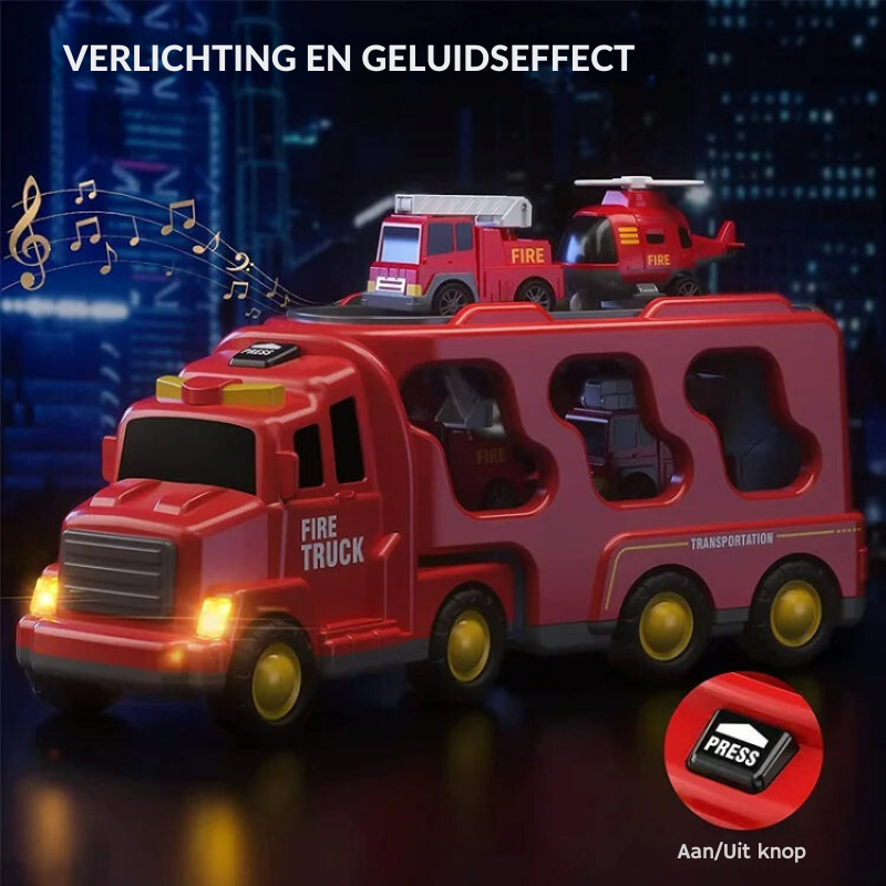 The Toyfetti TruckTrail – Light-Up Vehicle Carrier with Storage features mini fire vehicles, city night backdrop, musical notes, and a Press button for lights and sounds. Dutch text reads: Verlichting en geluidseffect.
