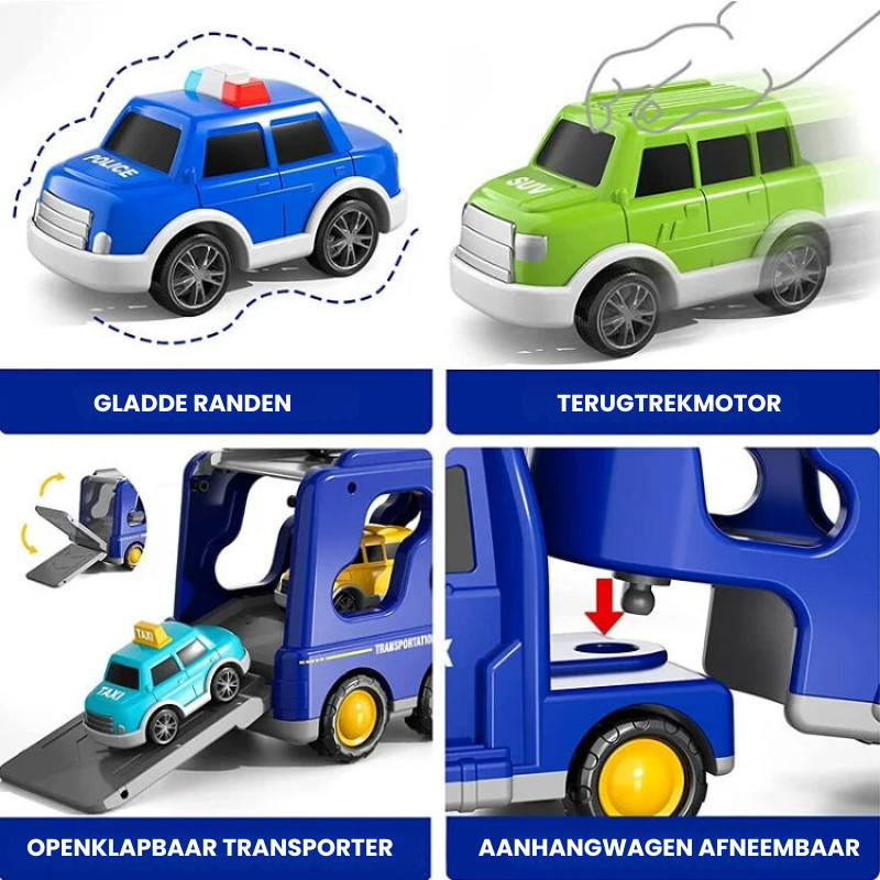 Four images show the Toyfetti TruckTrail: a blue and green light-up carrier with smooth edges, pull-back motor, openable storage holding a police car, and removable trailer. Blue and white Dutch labels highlight its features.