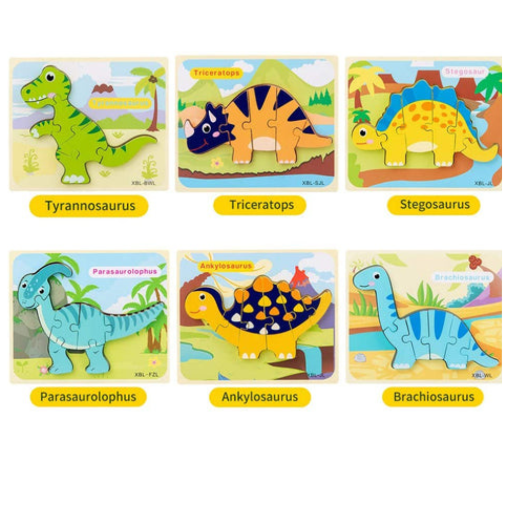 3D Dinosaur Puzzles – 6-Pack Montessori Wooden Set for Toddlers