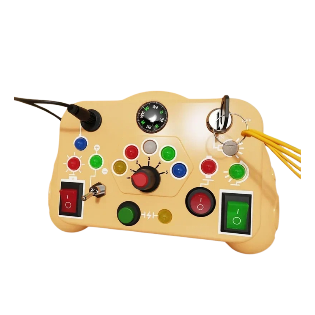 The Toyfetti BusyBoard Logic & Light Panel is a tan Montessori switch board for curious kids, featuring switches, buttons, indicator lights, a key, compass, and cables for sensory play—shown isolated on a white background.