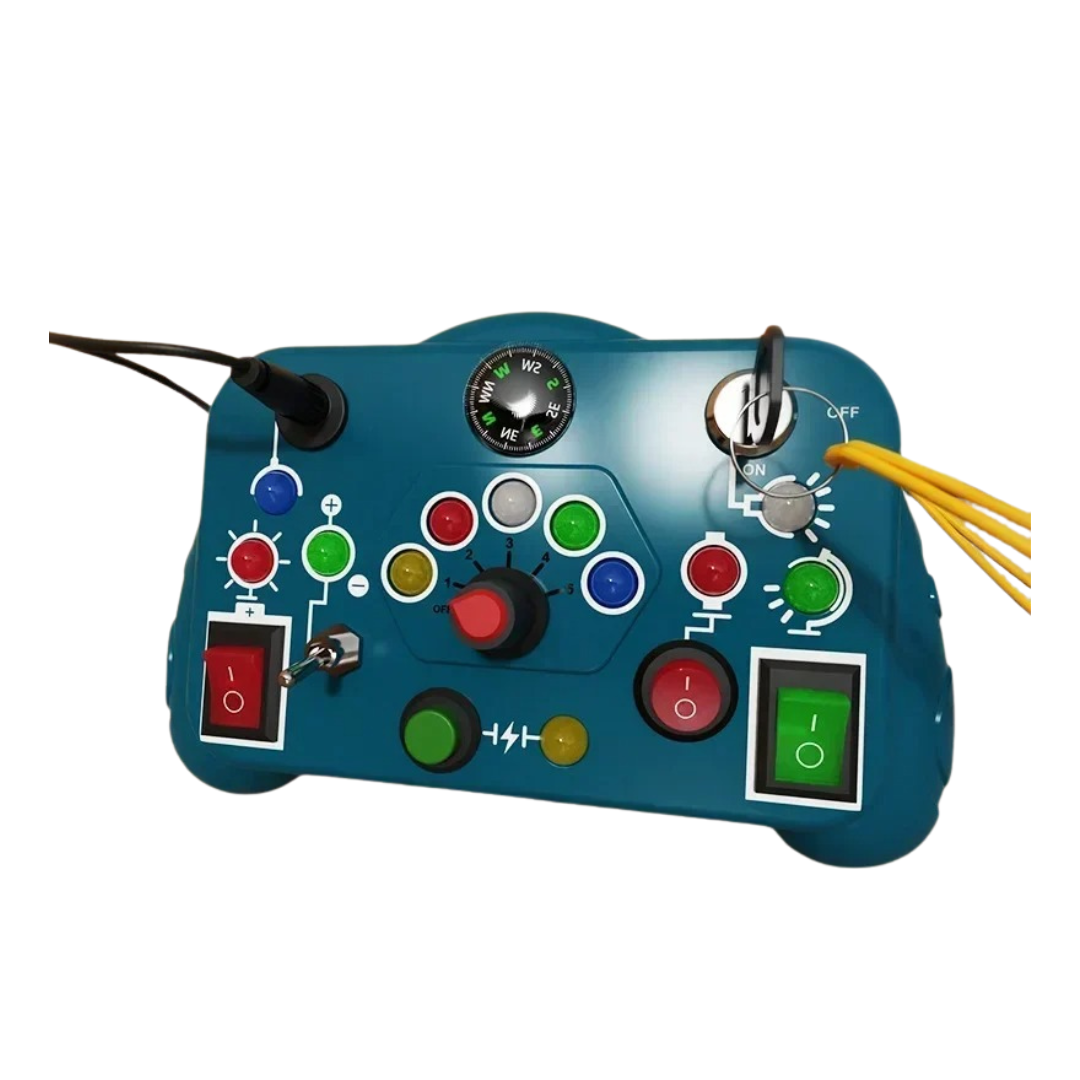 The Toyfetti BusyBoard Logic & Light Panel is a Montessori switch board for curious kids, featuring colored buttons, green, red, and black switches, dials, indicator lights, a compass, and cables for engaging sensory play.
