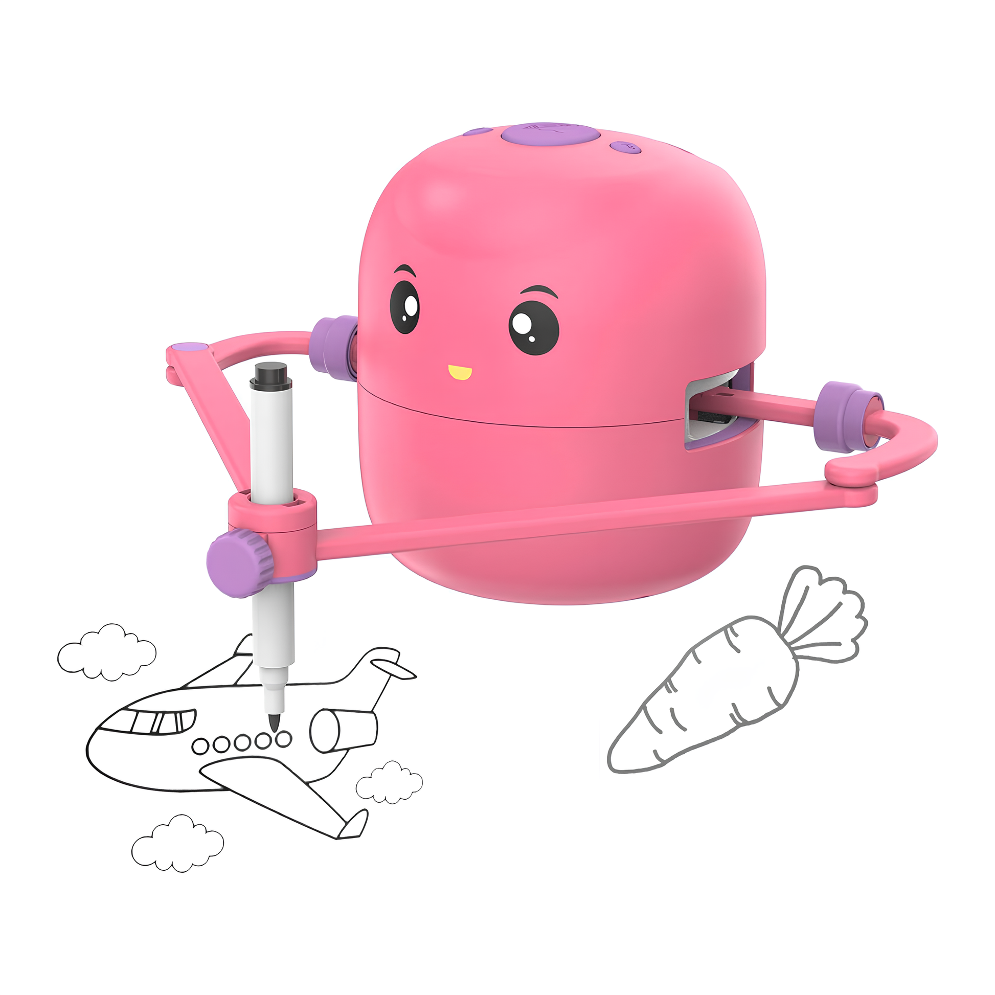 Toyfetti’s ArtBot – Interactive Drawing Robot for Kids is a pink, cartoon robot with a pen arm that draws black-and-white outlines like airplanes and carrots. Its smiling face and moveable arms make step-by-step creative learning easy and fun!.