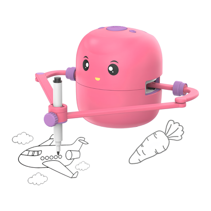 Toyfetti’s ArtBot – Interactive Drawing Robot for Kids is a pink, cartoon robot with a pen arm that draws black-and-white outlines like airplanes and carrots. Its smiling face and moveable arms make step-by-step creative learning easy and fun!.