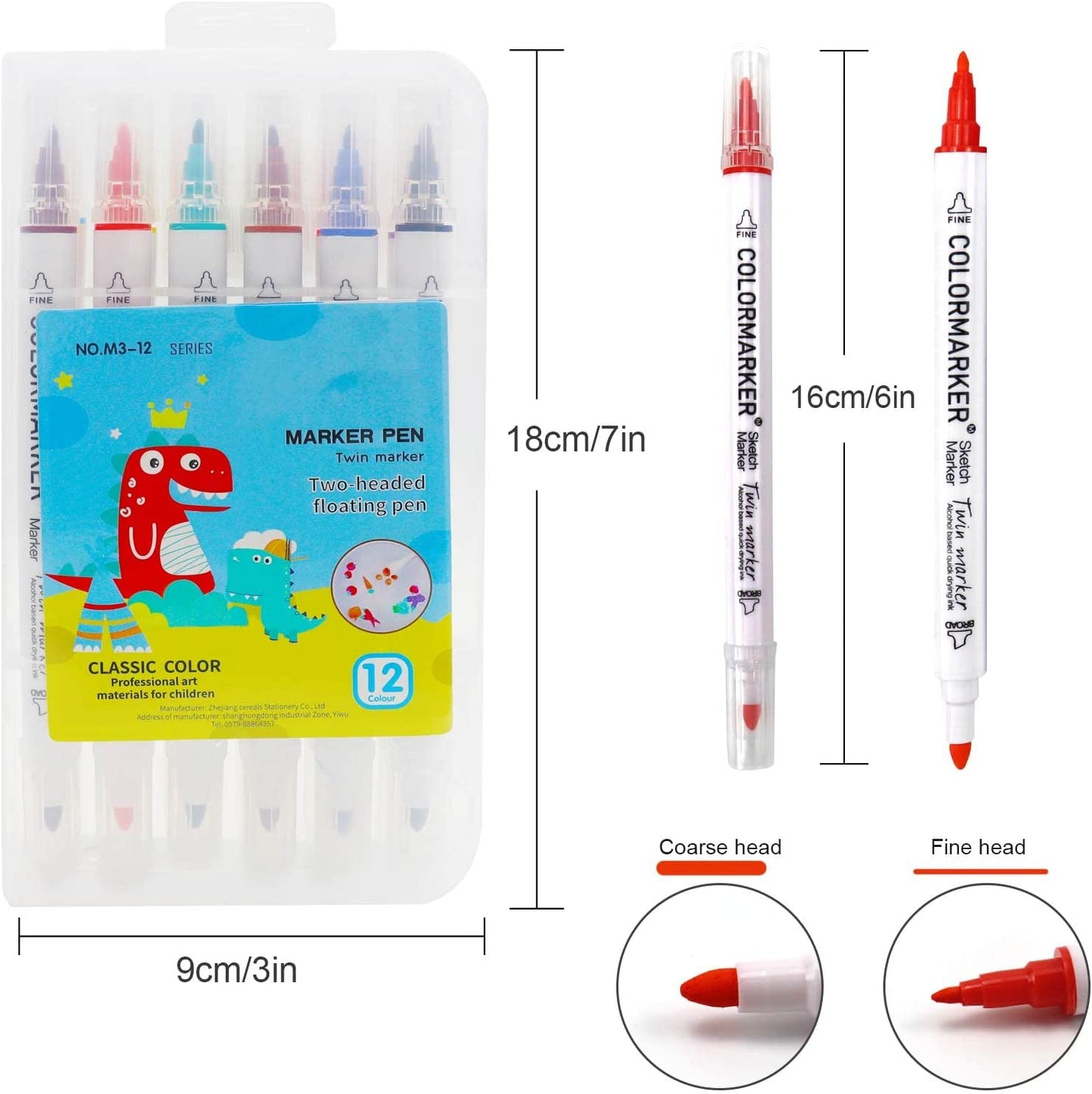 The Magic Water Pen – 12 Floating Drawing Markers come in a clear 18cm x 9cm case with a cartoon dinosaur. Each 16cm pen has coarse and fine red tips, ideal for colorful doodles and floating water drawings.
