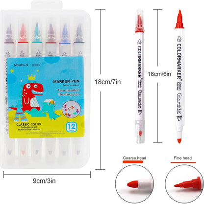 The Magic Water Pen – 12 Floating Drawing Markers come in a clear 18cm x 9cm case with a cartoon dinosaur. Each 16cm pen has coarse and fine red tips, ideal for colorful doodles and floating water drawings.