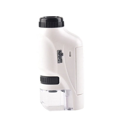 The Kids Pocket Microscope – Compact LED Microscope is a portable, white microscope with black focus dials and a clear base, ideal for young explorers to view samples anywhere—perfect for budding scientists!.