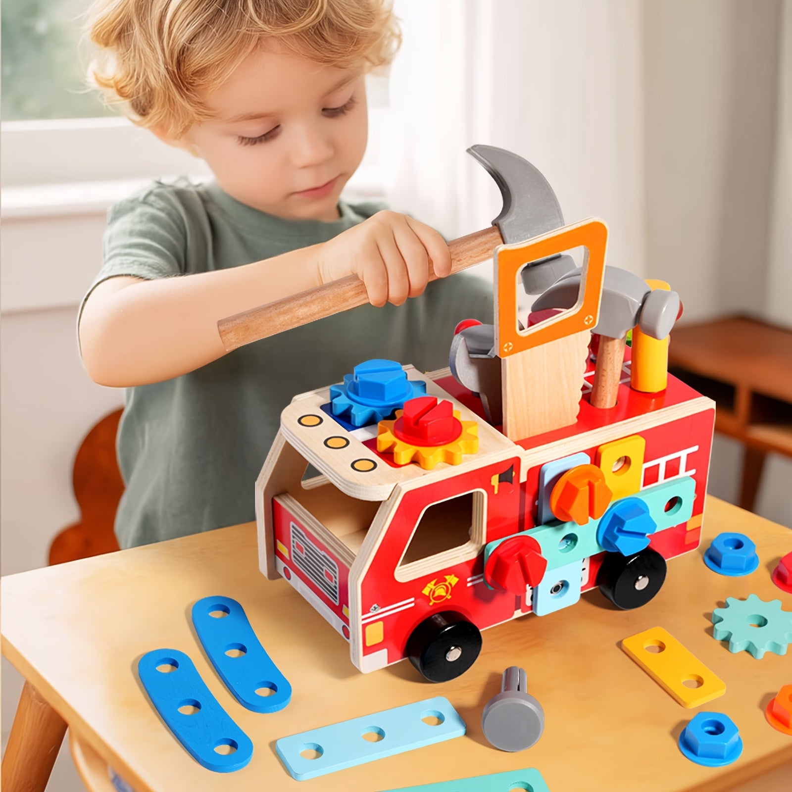 Wooden Firetruck Tool Set – STEM Construction & Pretend Play Toy-Toyfetti