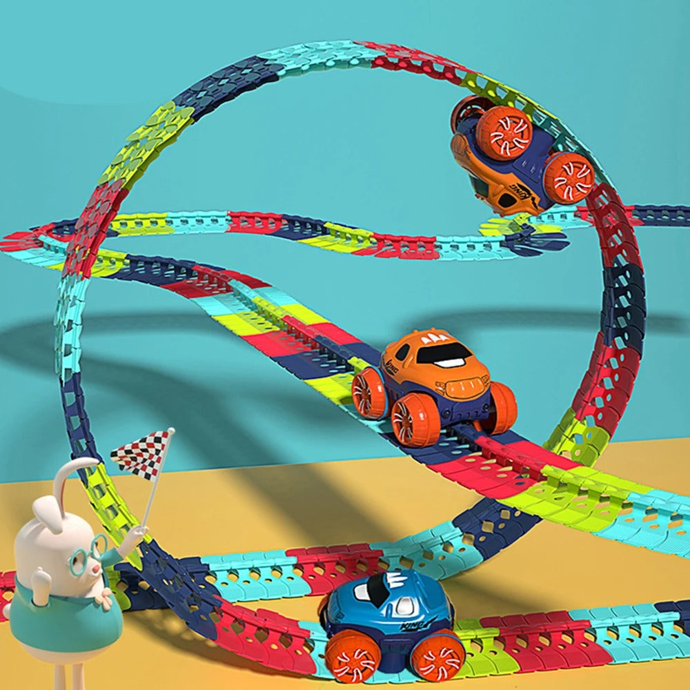JoyRider Flexible Racing Track Set – Glow-in-the-Dark, Anti-Rollover Cars