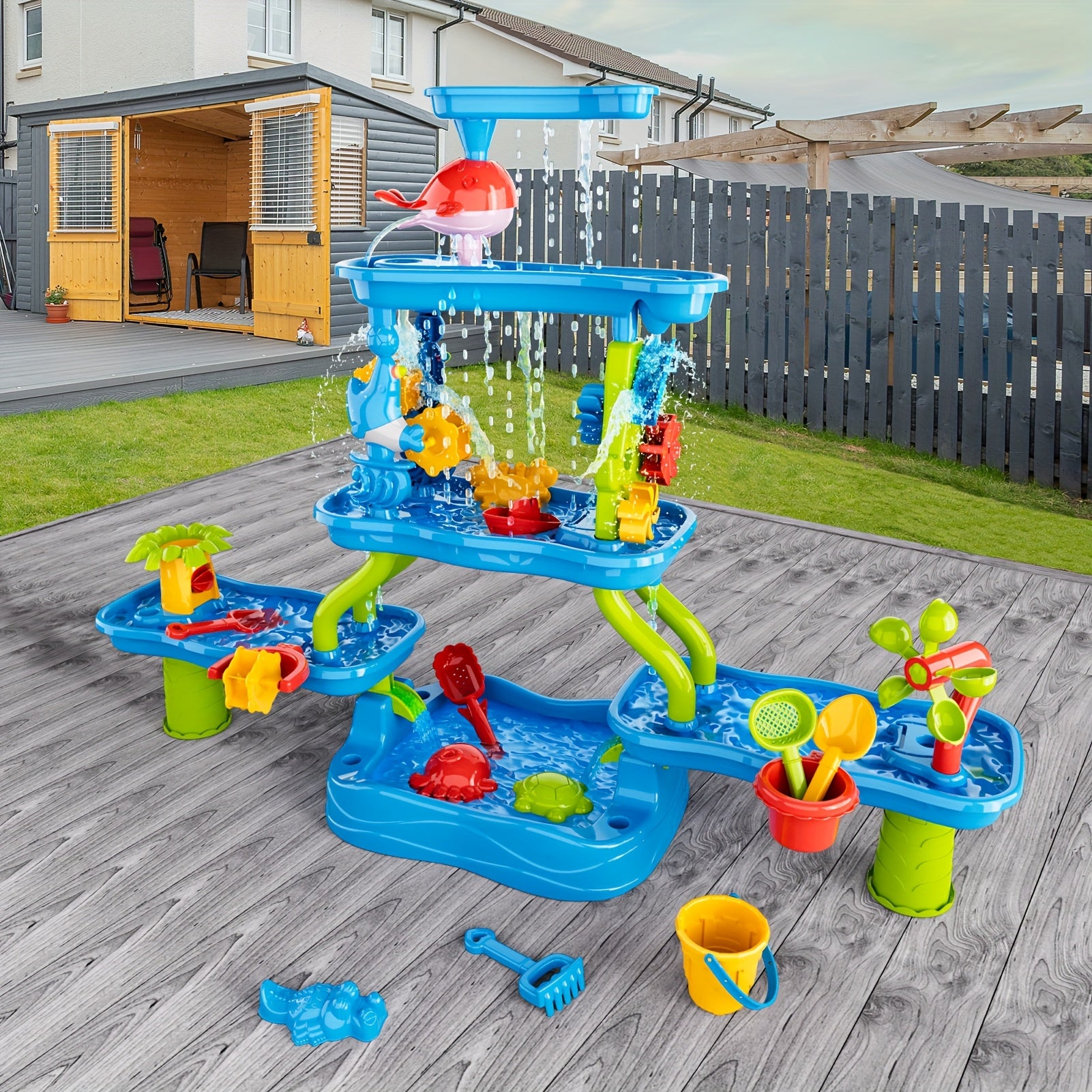 TEMI 4-Tier Multifunctional Kids Sand & Water Play Table with Slide – Summer Fun for Curious Minds-Toyfetti