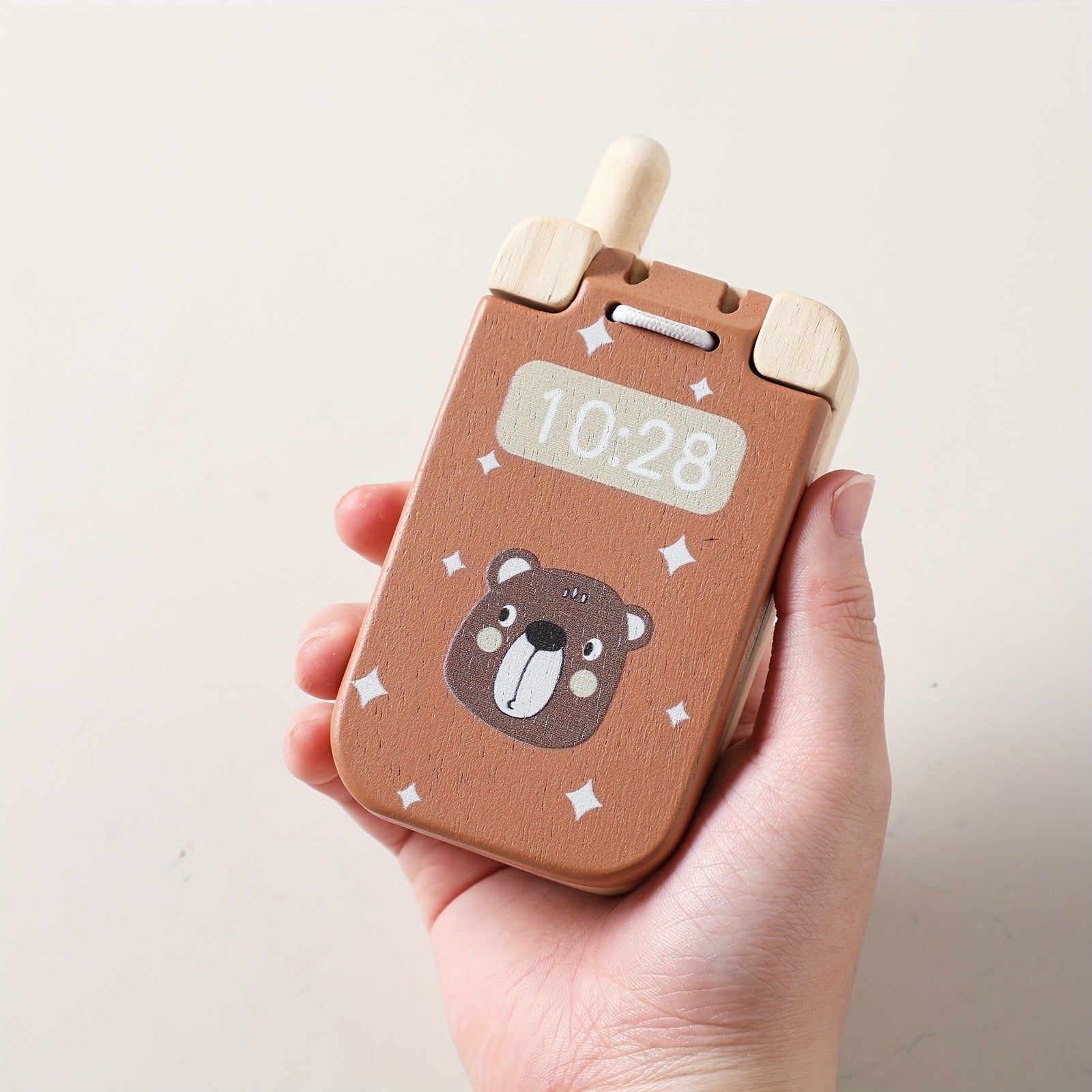 Wooden Bear Flip Phone Toy – Pretend Play Mobile with Mirror & Buttons-Toyfetti