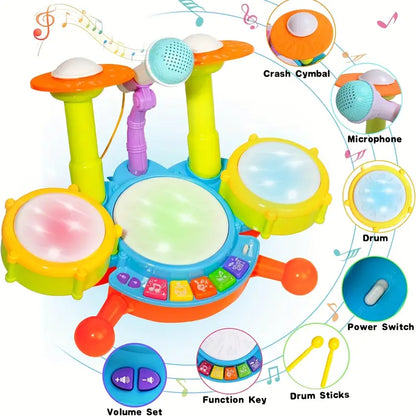 Colorful Mini Jazz Drum Set for Kids — with 2 Sticks & Microphone
