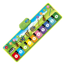 The Toyfetti Musical Dance Piano Mat offers toddlers interactive movement and music fun with ten numbered, colorful keys, cute cartoon instruments above each key, a green speaker, music icons, and easy on/off controls for educational play.