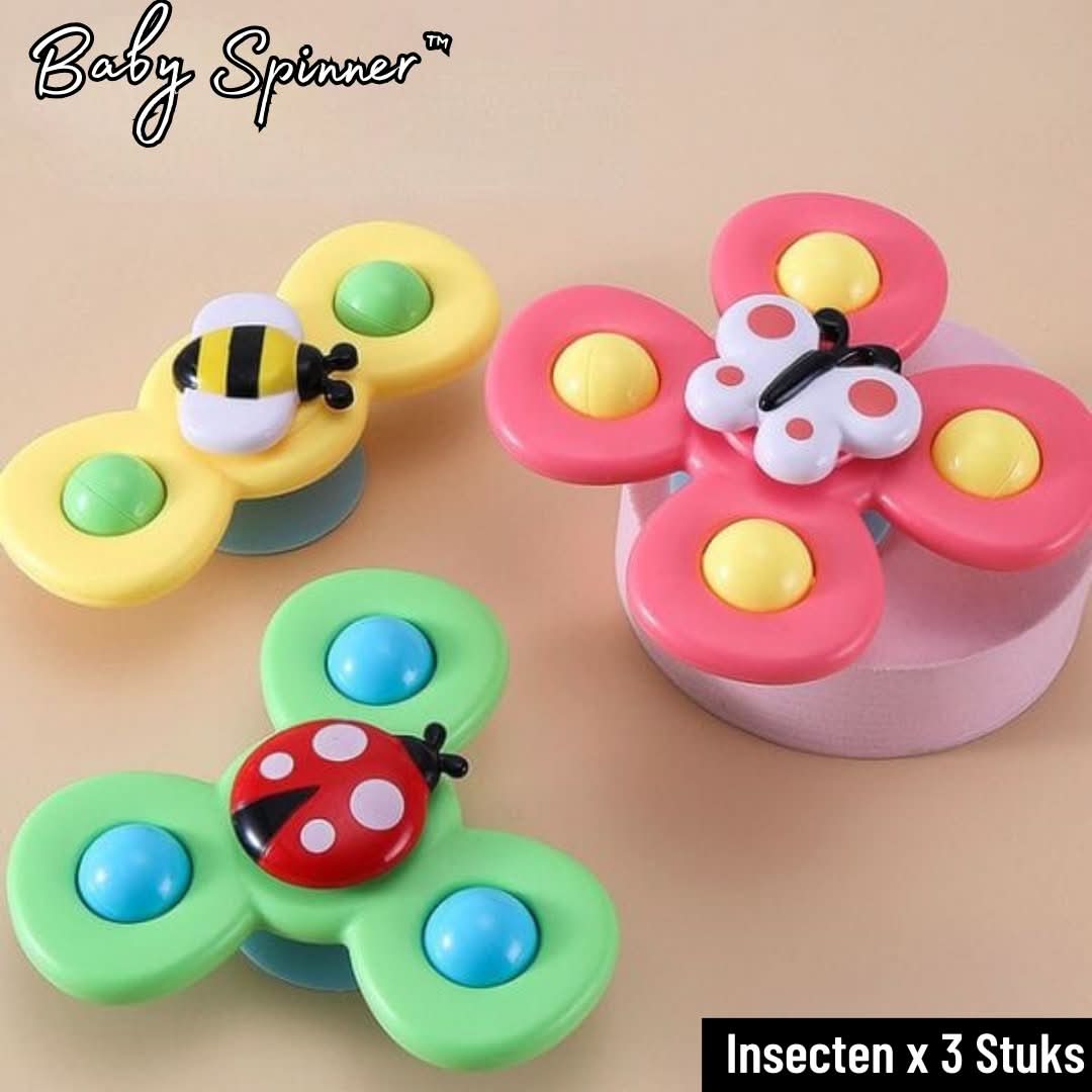 Three Toyfetti Whirlie Baby Spinners, shaped like a bee, butterfly, and ladybug, sit on a light surface. These bright sensory spin toys encourage fine motor skills. The image shows Baby Spinner and Insecten x 3 Stuks.