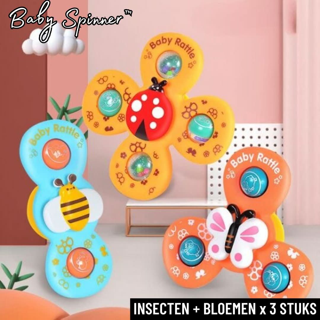 The Toyfetti Whirlie Baby Spinner – Sensory Spin Toy for Fine Motor Fun: Set of 3 spinners (flower, butterfly, bee) in a stylish pink room with plants. Text: INSECTEN + BLOEMEN x 3 STUKS.